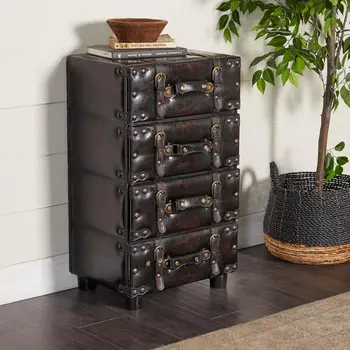 Deco 79 Faux Leather Room Chest Vintage 4 Drawer Storage Cabinet with Buckle Straps and Gold Stud Details, Floor Cabinet 16" x 1