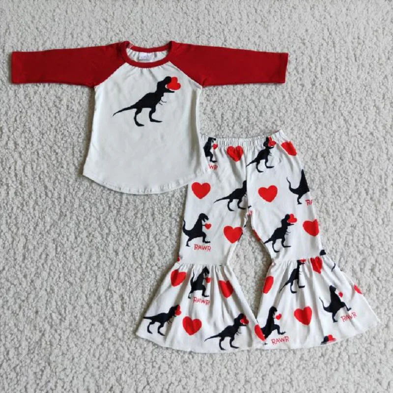 

Toddler Spring Fashion Valentine's Day Love Dinosaur White Flare Pants Wholesale Boutique Baby Girls Children Clothes