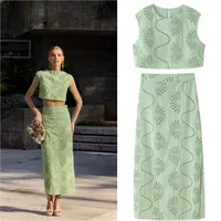 Jamie Hollow Embroidery Round Neck Slit skirt Set 1