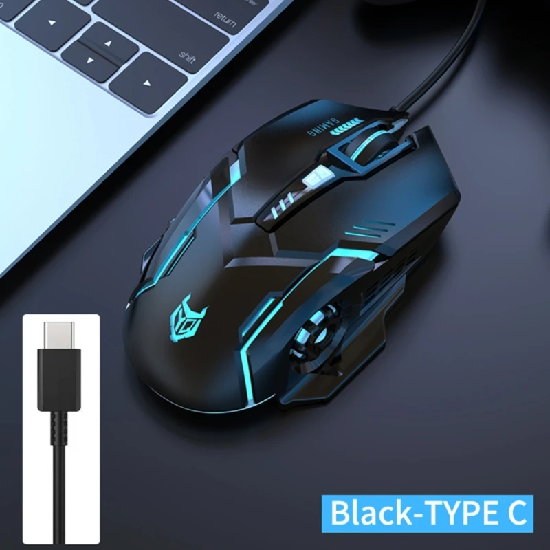 TypeC 마우스 6 버튼 USB C 게이밍 마우스(LED 조명 포함) 백라이트 3600DPI 휴대폰 태블릿 및 컴퓨터에 맞게 조정 가능