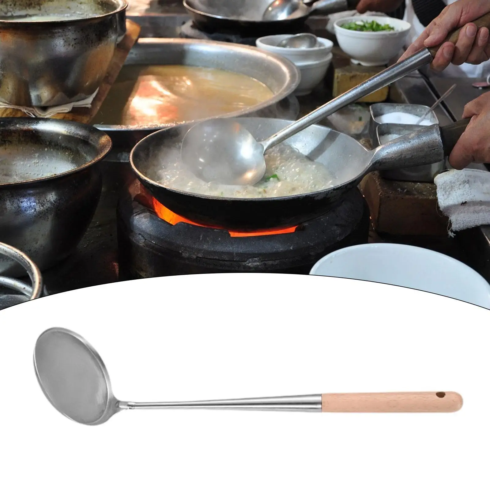 Cake Frying Spoon Rosette Maker Rustproof W/ Anti-scald Wooden Long Handle Frying Ladle Kitchen Cooking Utensil for Household