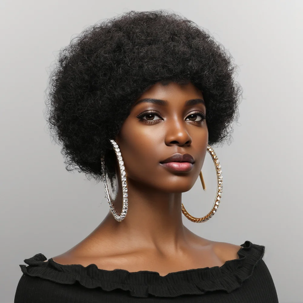 Afro Puff Wig, Human Hair Glueless Virgin Wig for Women, Colored Fluffy Pixie Cut