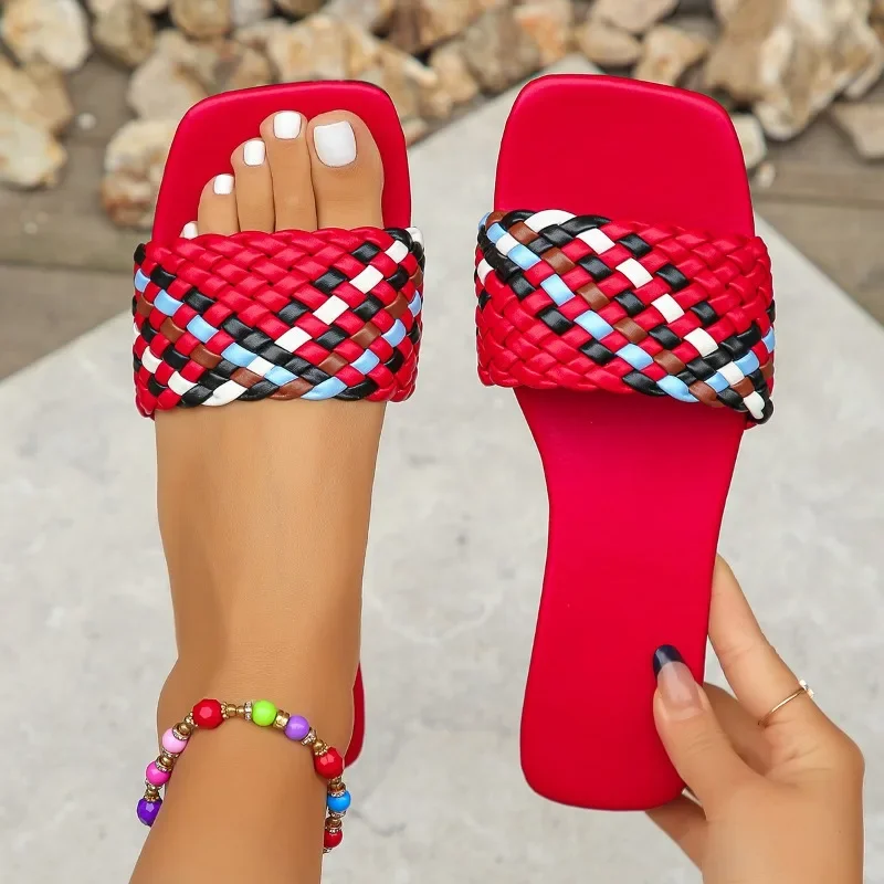 Women's Shoes Open Toe Women's Slippers Outdoor Beach Slippers Women Square Toe Mixed Colors Flat with Plus Size Sandals