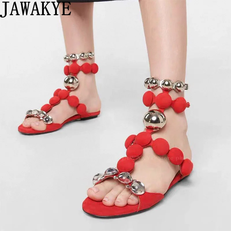 

Bohemia Beading Buttons Designer Flat Sandals Women Ankle Buckle Casual Beach Sandals Summer Luxury Ethnic Style Party Shoes