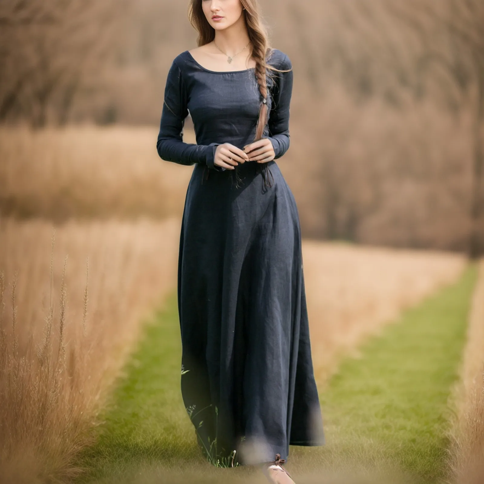 

Women Dress Vintage Long Sleeve Dress Solid Round Neck Women Folk Casual Dress Plus Size Long Dress Ethnic Maxi Dress Vestido