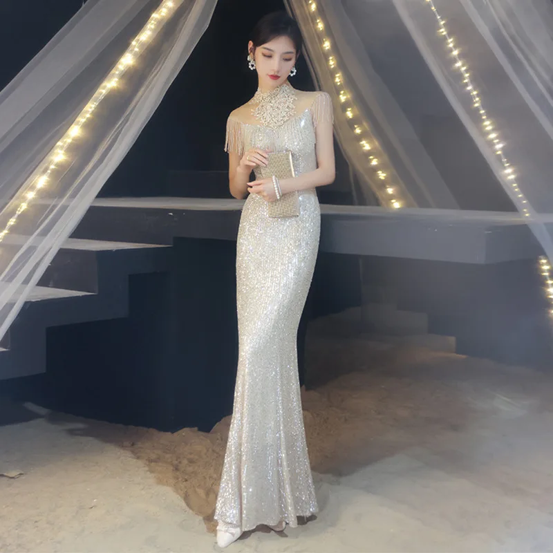 

Sexy Sparkly Sequins Tassels Evening Dresses Women Formal Party Mermaid Prom Gowns