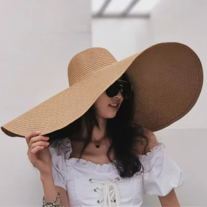 Simple Large Foldable 25cm Wide Brim Floppy Straw Hat For Women