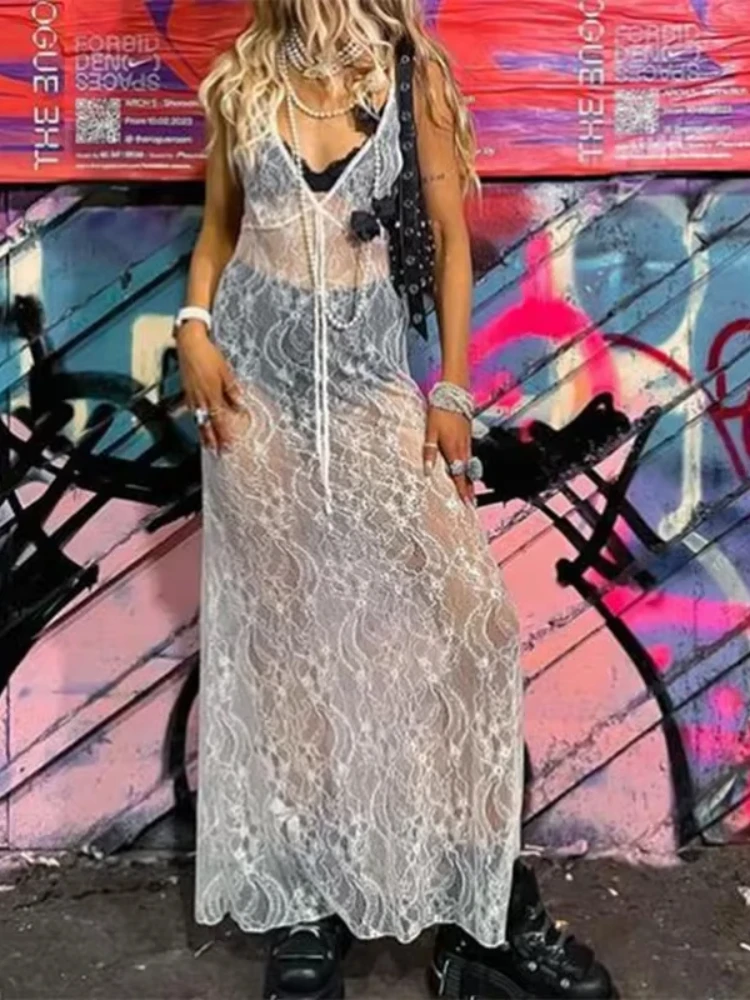HOUZHOU Y2k Sexy Lace See Through Tank Women Dress Floral Sheer Sleeveless V Neck Long Dress Streetwear Fashion Party Dresses 1