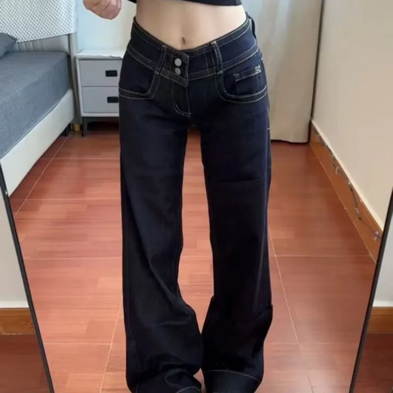Womens Jeans New American Style Double Waist Button Bootcut Loose Fit Low Rise Straight Leg Pants Not Tight - Image 4
