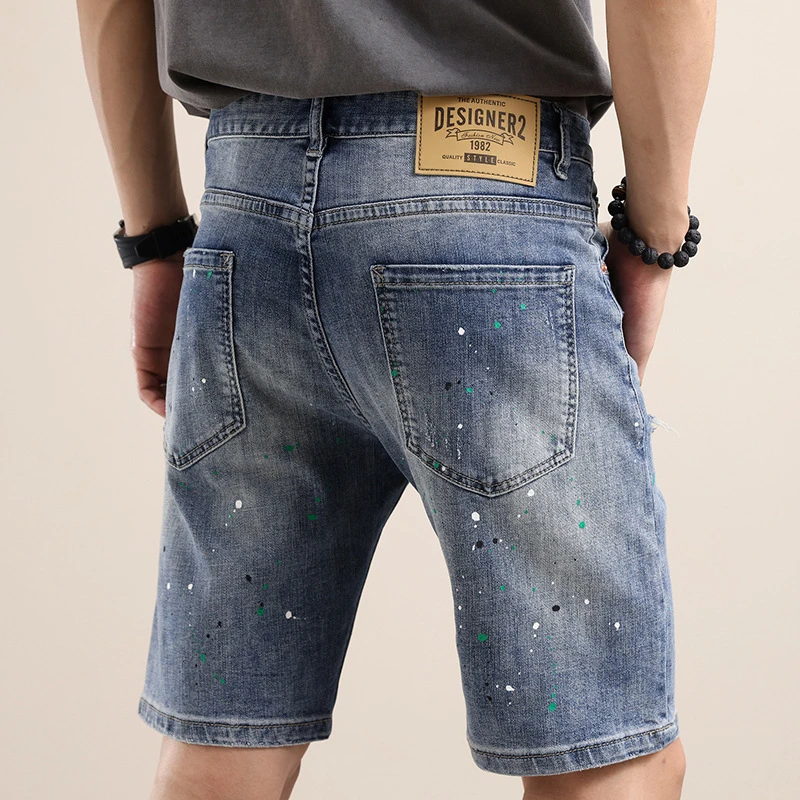 EH·MD® Denim Shorts Men's Summer Club Micro Chapter Stitching Embroidered Speckled Cotton Slim Fit Elastic Perforated Small Leg