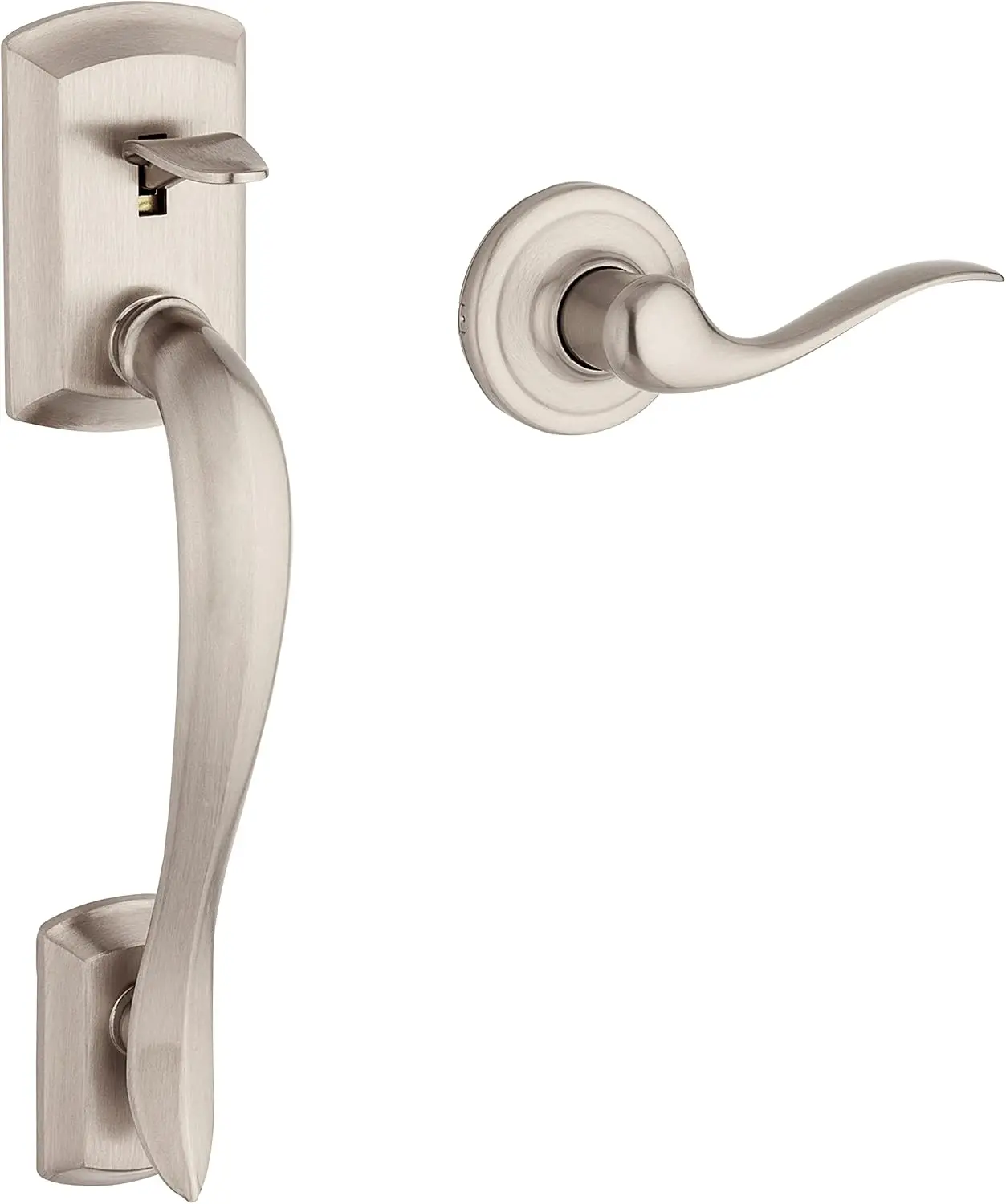 Front door handle set satin nickel exterior view