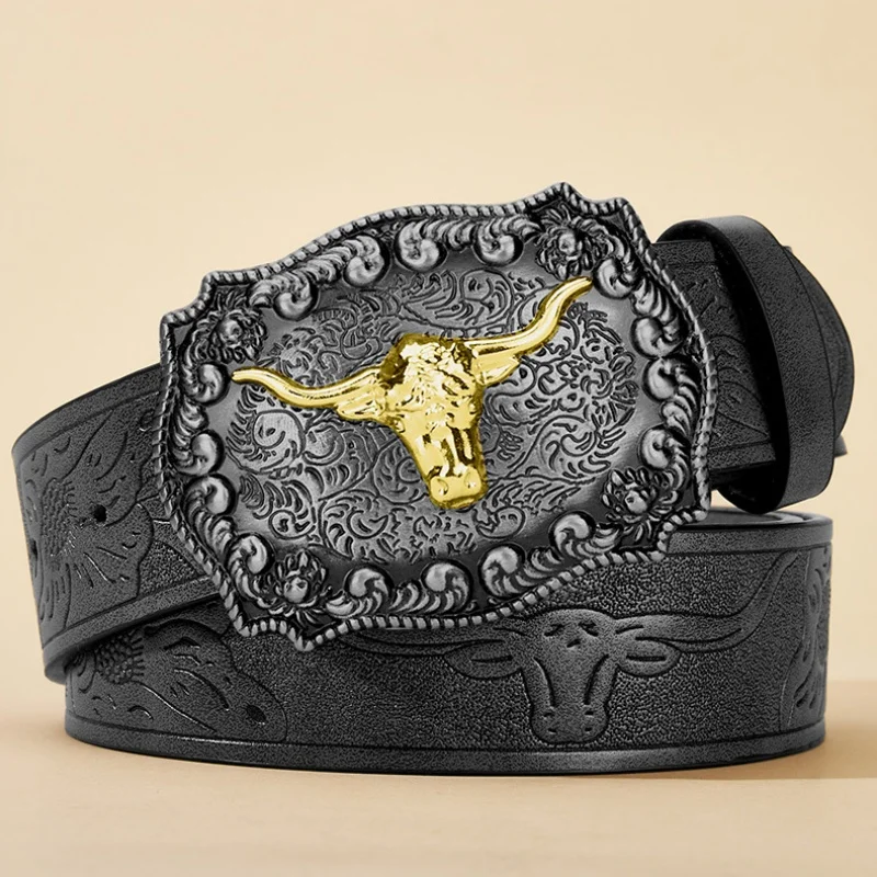 Damen-Cowboy-Gürtel, Western-Leder-Schnallengürtel, Cowboy-Longhorn-Bullenmuster-Schnallengürtel, floral gravierter Schnallengürtel für Herren – Detail 16