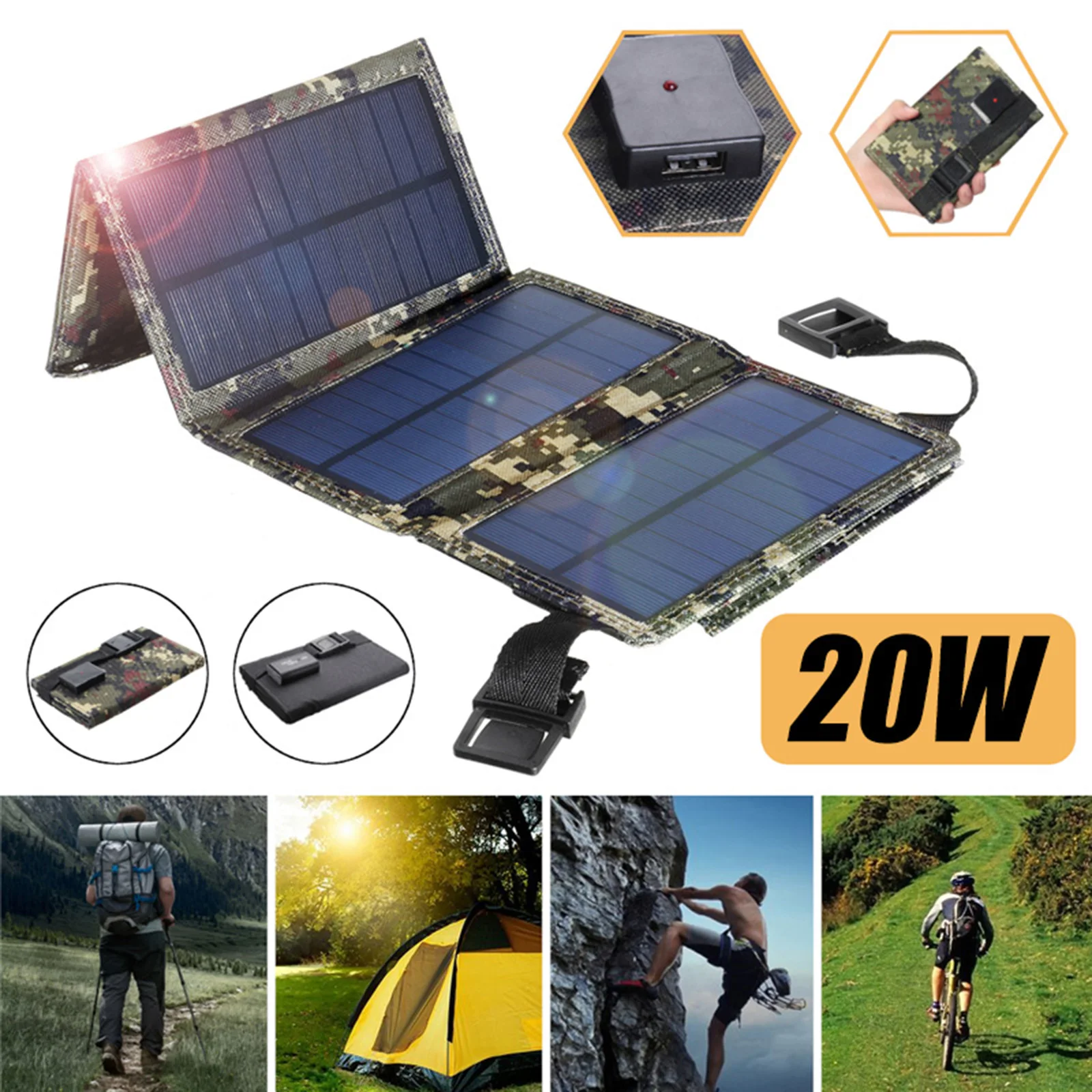 Waterproof 50W Foldable Solar Panel 5V USB Sunpower Solar Cell Bank Pack Mobile Phone Battery Charger for Outdoor Camping Hiking