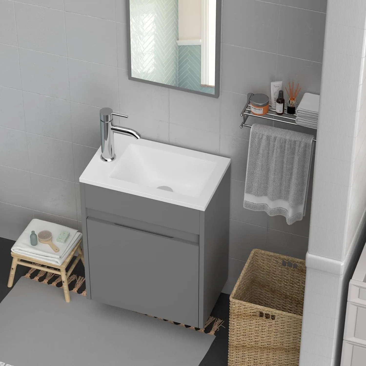 16" Small Bathroom Vanity Sink Combo, Painted Wall Mounted Floating Cabinet W/Resin Basin Sink Top, Chrome Water Save Faucet ﻿ 2