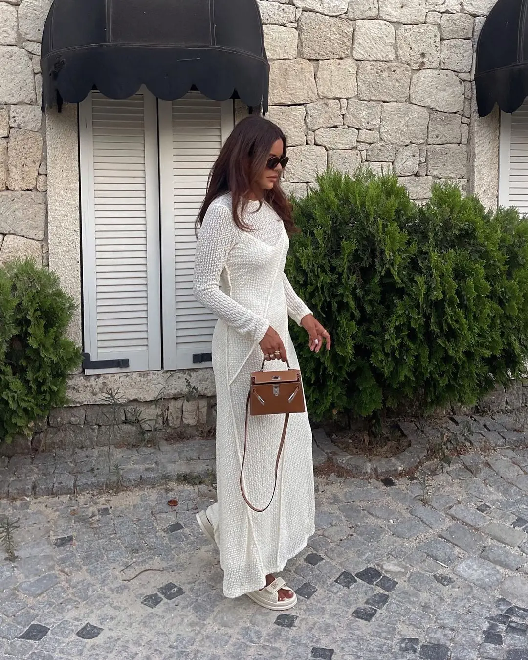 White Hollowed Out Pit Strip Crochet Knitted Maxi Dress Women Long Sleeve Slim A Line Knit Vestidos Bohe Casual Patchment Robe