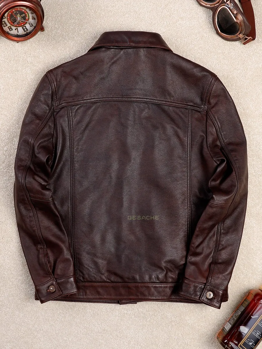Veste en cuir marron rouge automne pour homme
