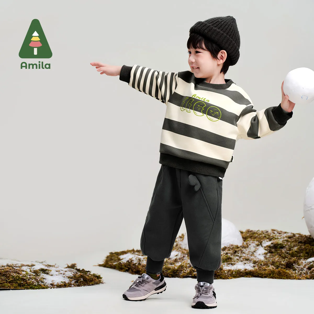 Amila Baby Sweatshirt Winter New High Quality Boys And Girls Striped Plus Velvet Warm Skin-Friendly Loose Children&rsquo;s Tops