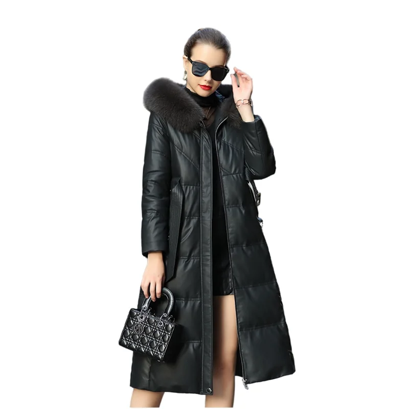 

Leather Down Jacket Women's Winter Fox Fur Collar Sheepskin Coat Over The Knee Length Warm 90 White Duck