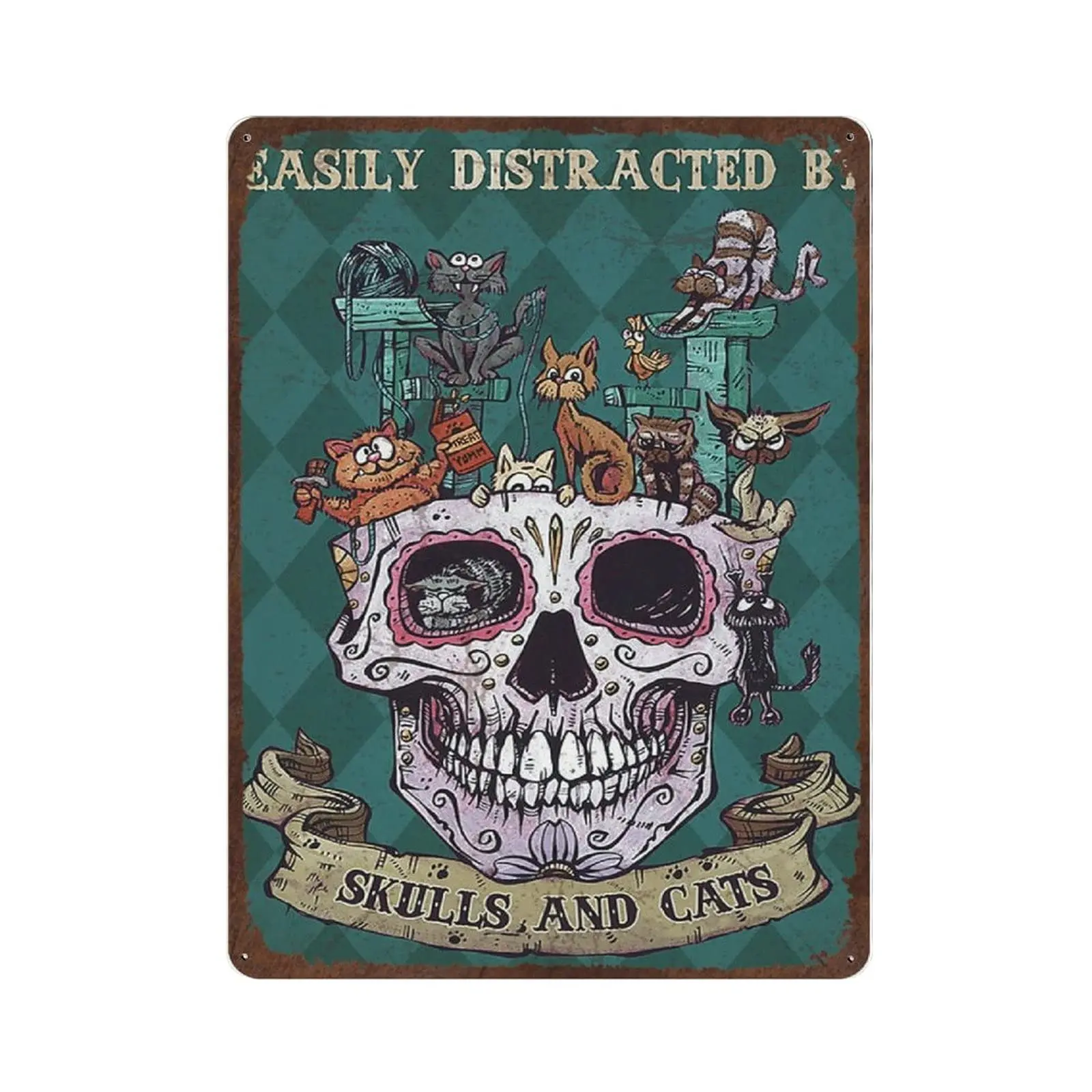 

Vintage Tin Sign,Metal Plate Decorative Sign,Skulls and Cats Tin Sign,Easily Distracted by Skulls and Cats Vintage Tin Sign,Iron