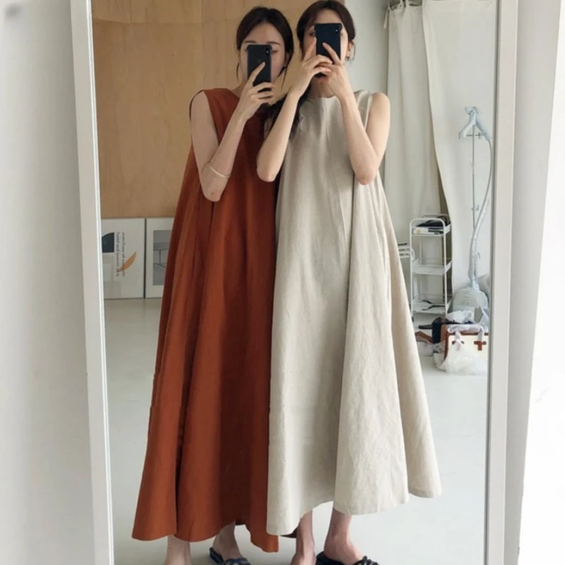 

[EWQ] Summer 2023 Dress Chic Loose Swing Sleeveless Mid-length Cotton Linen Long Dress Sleeveless High Waist Women Runway Dress
