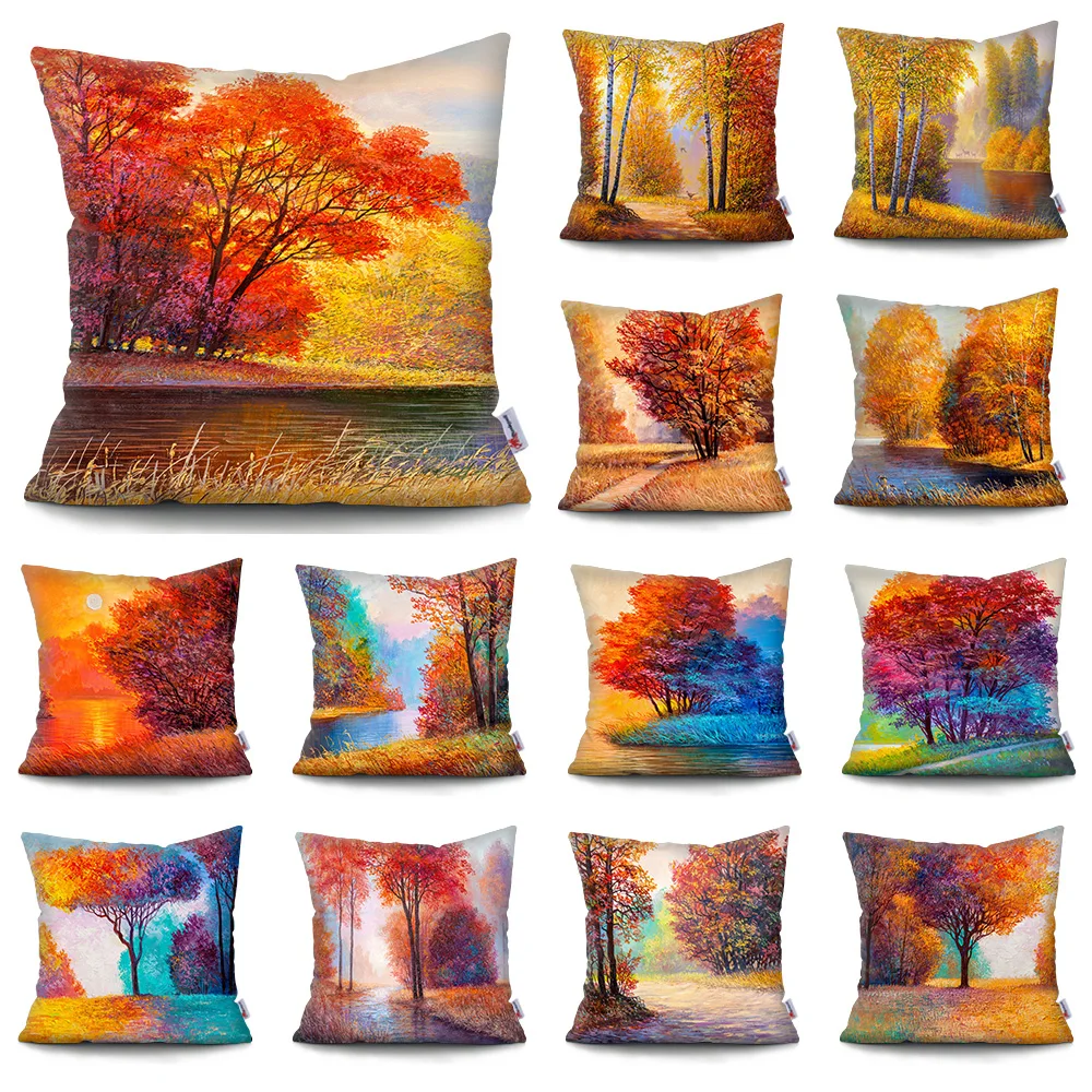 

Autumn Season Landscape Pillowcase Forest Tree Lake Natural Scenery Cushion Pillow Cover Sofa Bedroom Home Decor 45X45cm