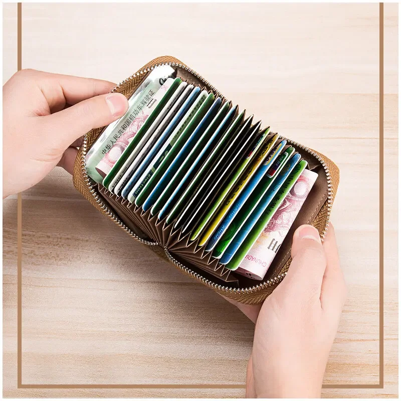 30 Card Slots ID Bank Credit Card Holder Zipper Wallet Women and Men Cards Cases Genuine Leather RFID Bag and Wrist strap