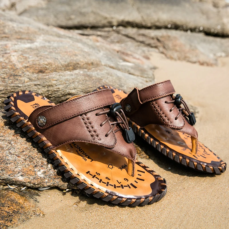 Genuine Leather Sandals Men Cow Leather Half Drag Quick Dry Beach Flip Flops Summer Outdoor Footwear Male Dual-Purpose Slippers