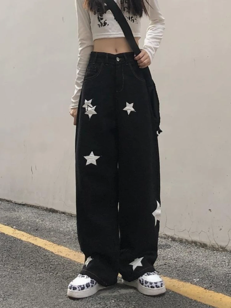 Deeptown Y2K Retro Streetwear Black Cargo Jeans Women Gothic Punk Kpop Print Wide Leg Denim Panrts Female Autumn Trousers 2000s