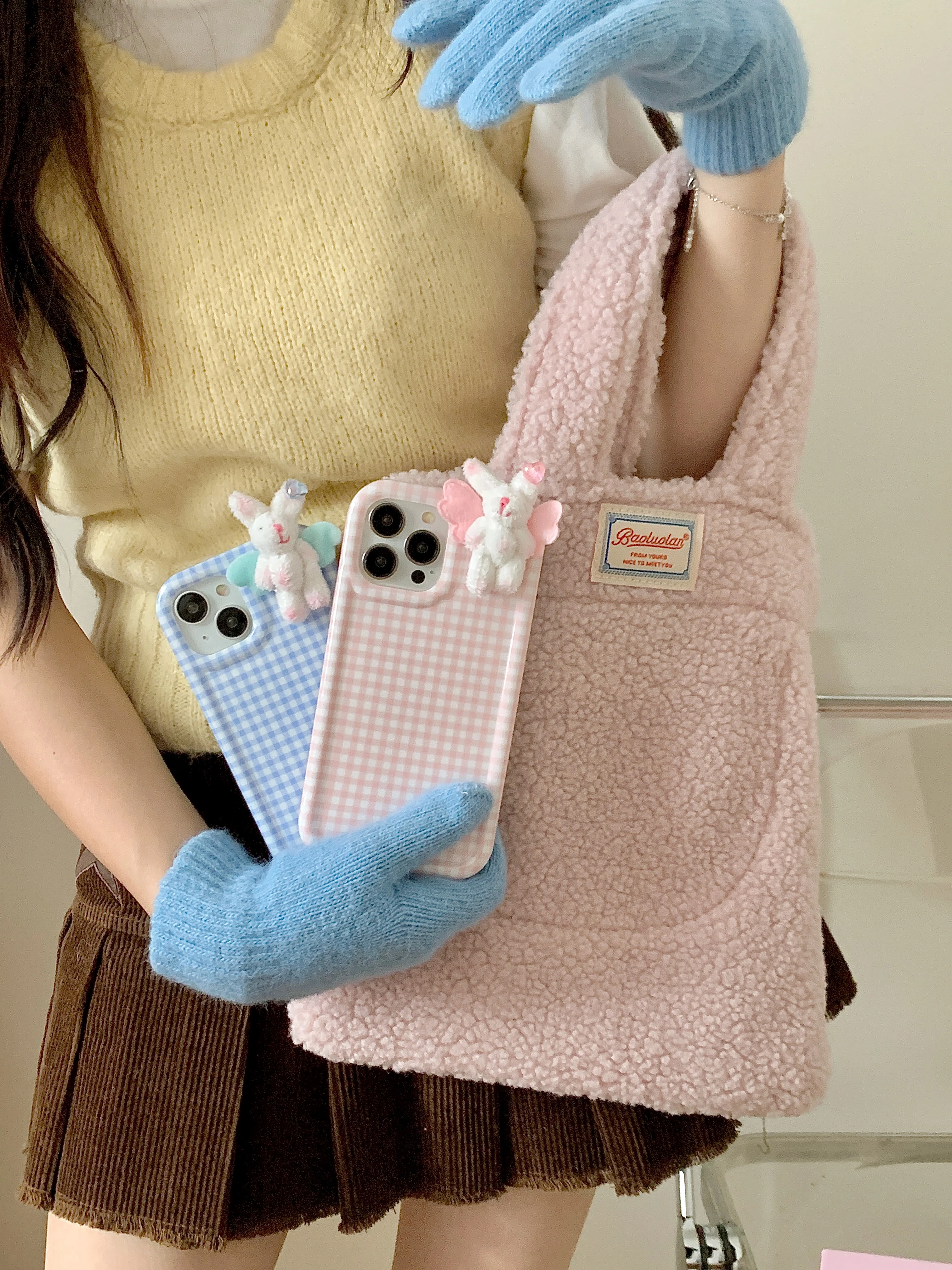Korean INS Cute Cartoon Furry Wing Bear Check Case for iPhone 15 14 13 Pro Max 12 Pro Plus 11 Shockproof Soft Silicone IMD Cover