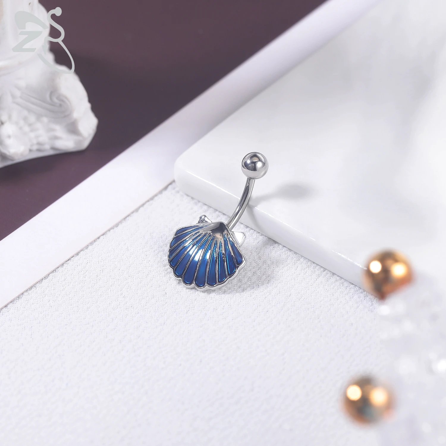 ZS 1 PC Cute Shell Pendant Belly Button Ring Moonstone Drop Belly Rings 14G Stainless Steel Summer Flower Navel Piercing Jewelry