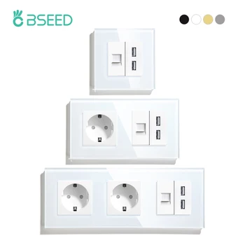BSEED CAT5 인터넷 RJ45 이중 USB 소켓, 단일 EU 전원 콘센트, 이중 독일 벽 소켓, 16A 유리 프레임, 2.4A