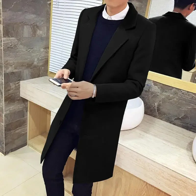 Men's Mid-Length Woolen Coat Casual Autumn Winter Style Windbreaker Outerwear Comfortable Fit Long Coat warmth coat casual men jacket