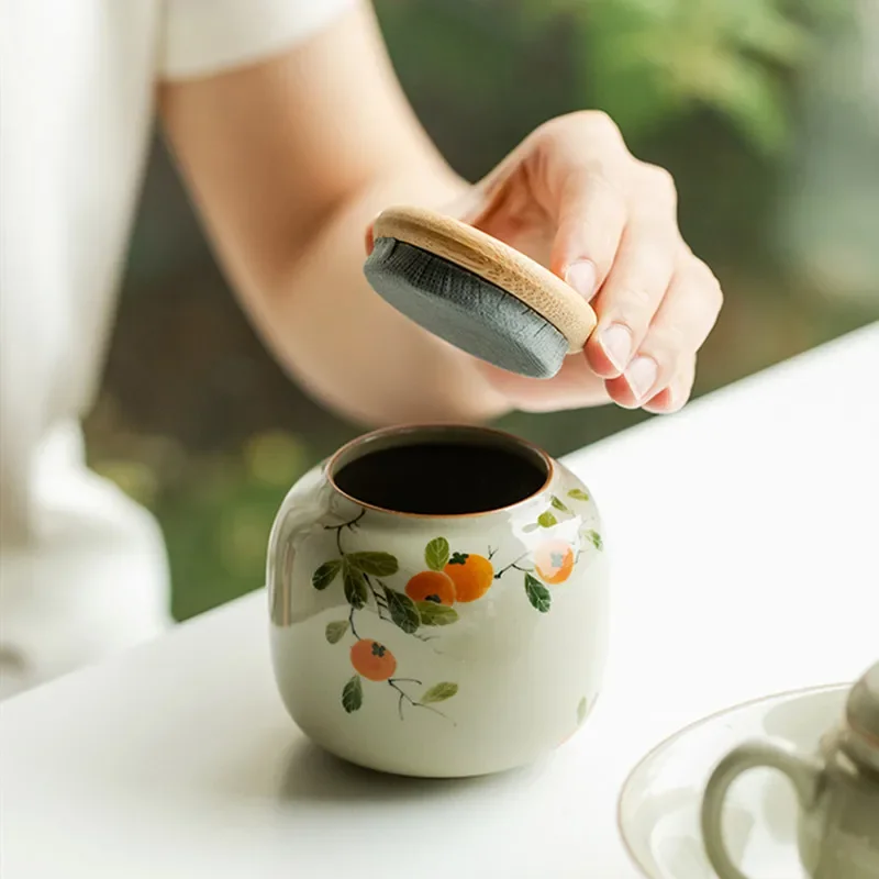 Chinese Ceramic Tea Caddy Hand-painted Persimmon Tea Jar Travel Bag Storage Box Sealed Container Storage Tank Teaware