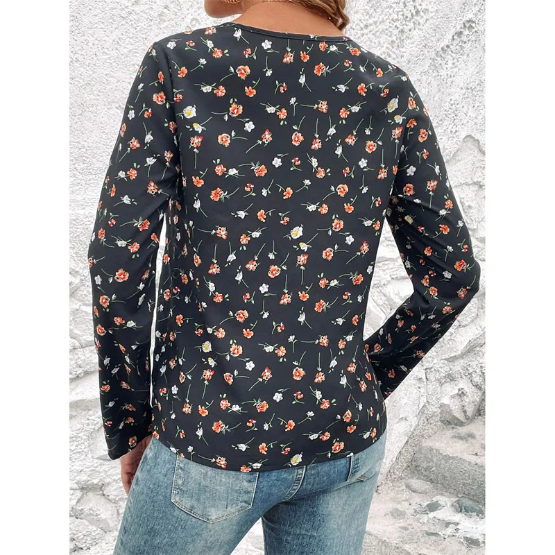 2023 Autumn New Round Neck Fashion Trend Girl Fragmented Flower Long Sleeve Slim Fit Chiffon Temperament Simple Shirt