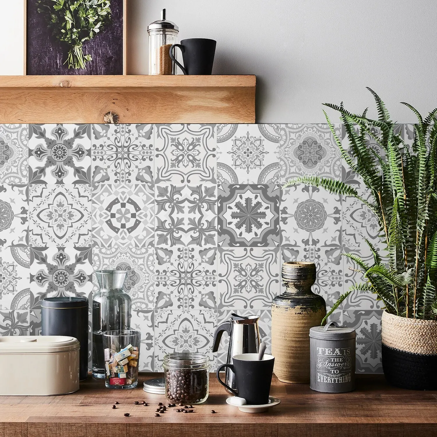 Gray Moroccan Wall Sticker Art Waterproof Vinyl Peel and Stick Tile Sticker Home Decor Kitchen Bathroom Decal 12PCS 15CM