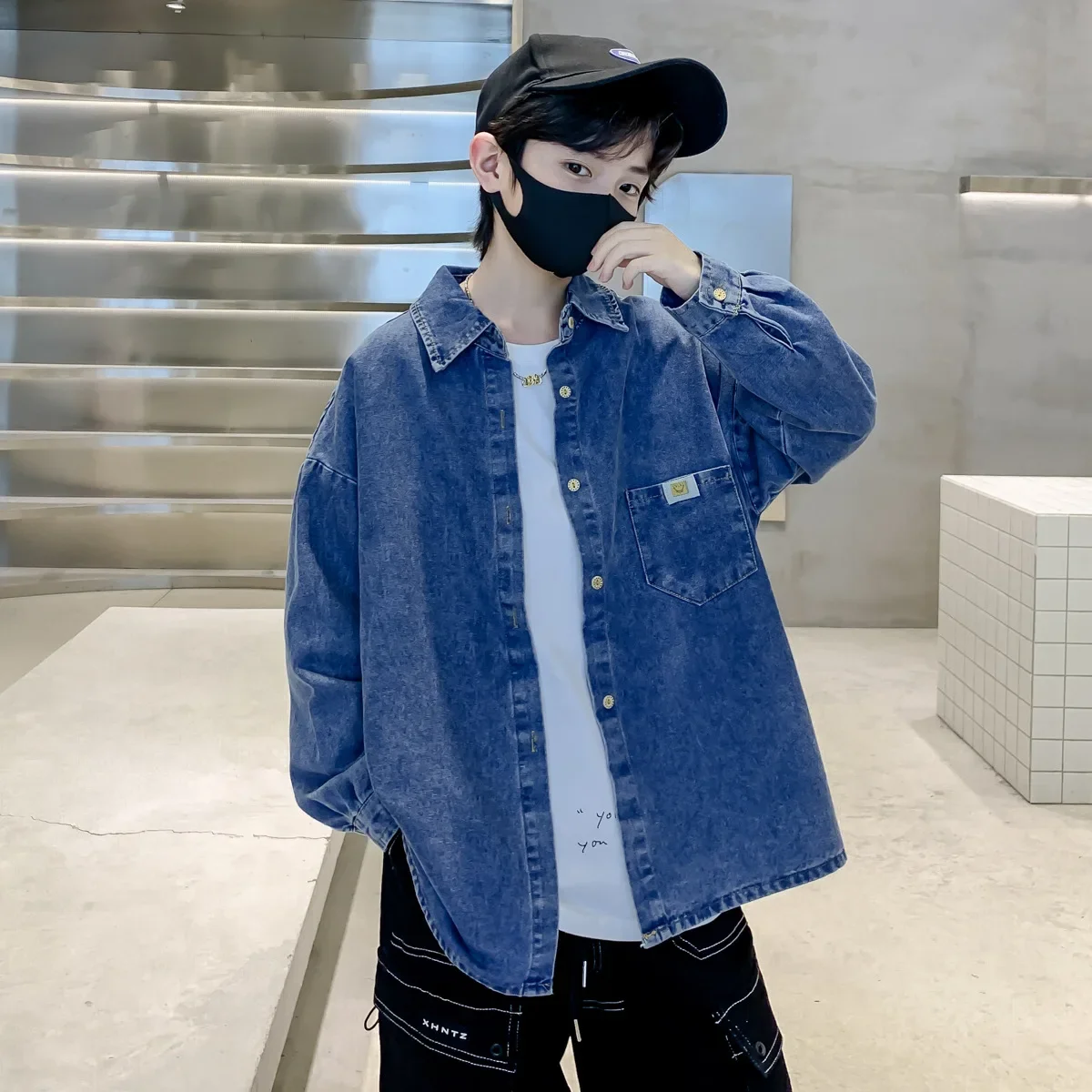 Boys' Denim Shirt Slim Fit Collared Jacket Spring Autumn Wear Kids' Fashionable Cool Street Style Upper Apparel