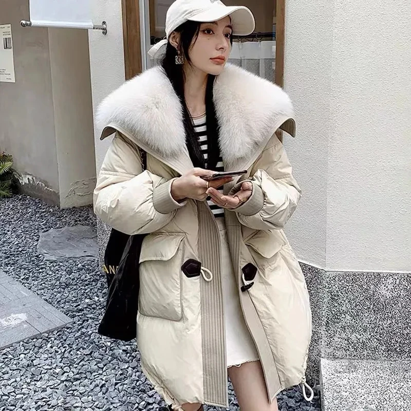 

2023 New Winter Down Jacket Women Overcoat Imitation Fox Fur Collar Horn Buckle Long Thick Parker Coat Down Jacket Fur Coat