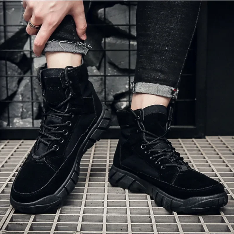 Mens High Top Canvas Shoes Casual Sneakers Breathable Trainers Lace Up Flats Trend Hiking Shoes Non-slip Mountaineering Shoes 4