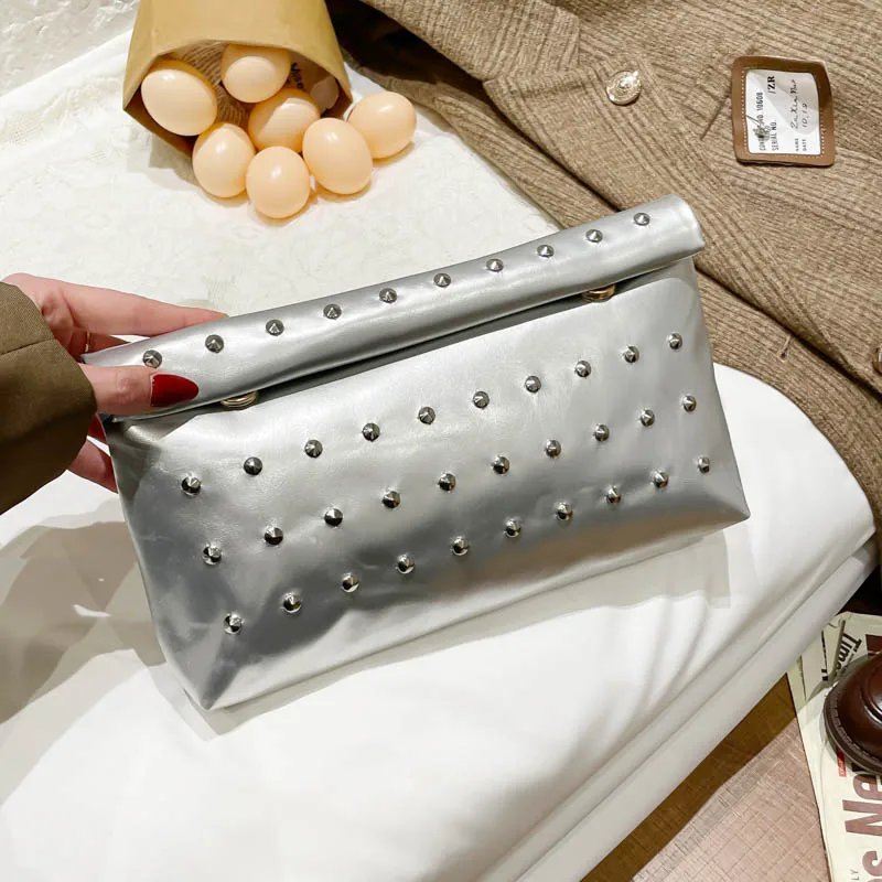 Elegant Glitter PU Leather Clutch with Rivet Detailing