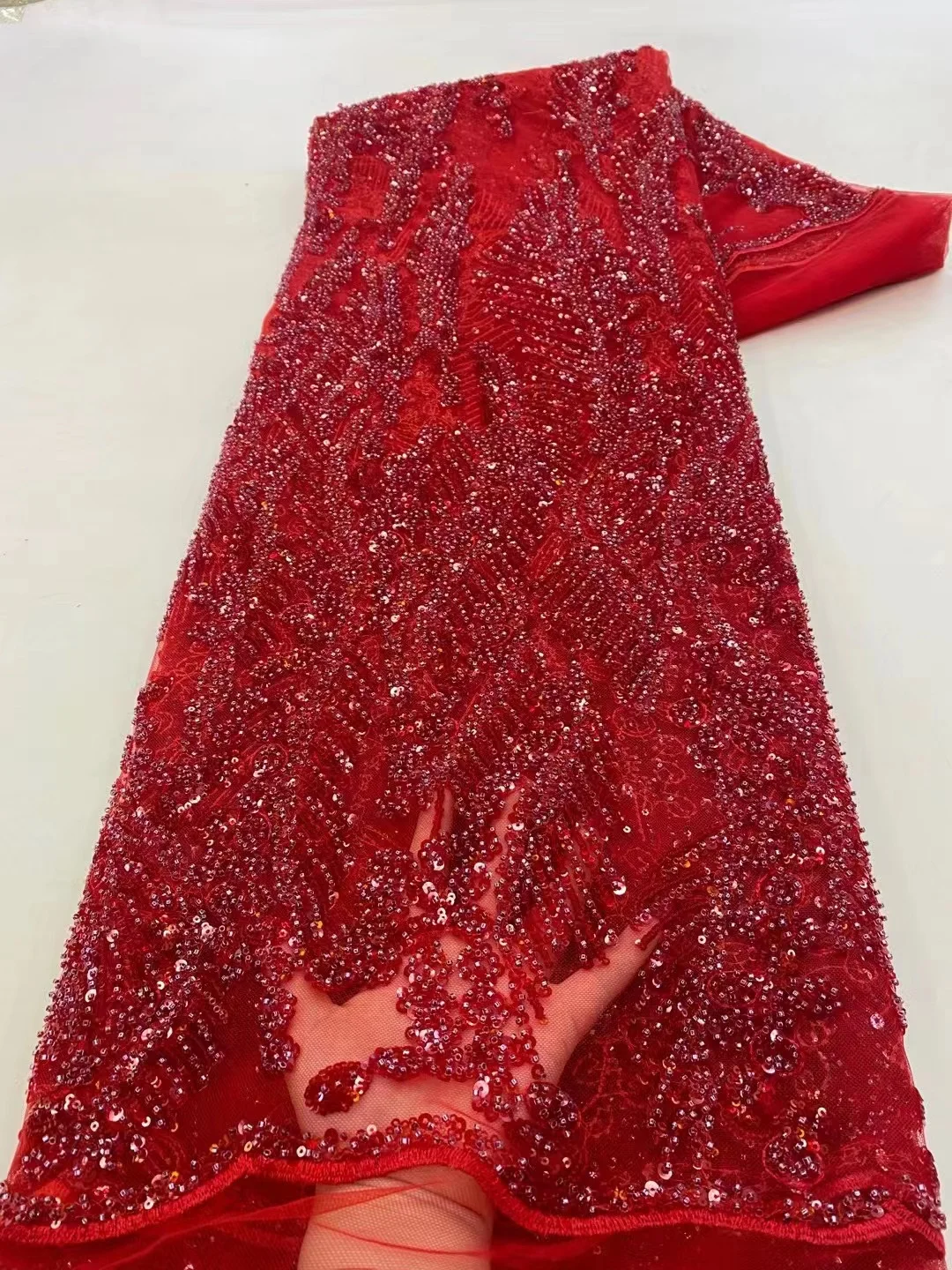 Red African Groom Sequins Beaded Lace Fabric 5 Yards 2023 High Quality Nigerian Wedding French Tulle Lace Material Sewing Dress