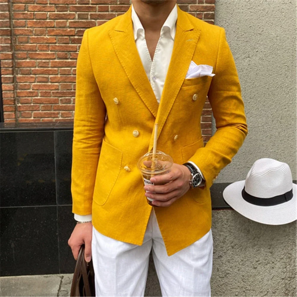 Summer Beach Linen Blazer Hombre Glod Double-breasted Casual Men's Jacket Slim Fit Men's Social Coat Custom Made Veste Homme