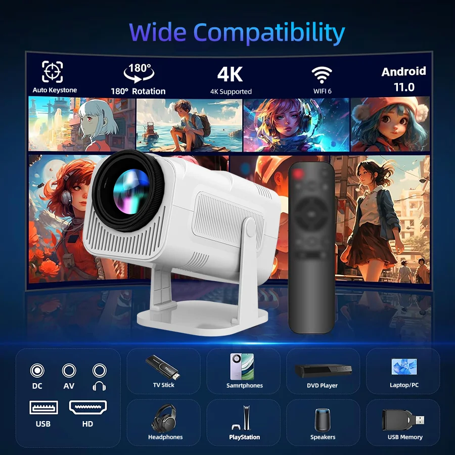 F110 Projector 4K Native HD 1080P Dual Wifi6 Cinema Portable Projetor Built-in Android System suitable for home/outdoor/office