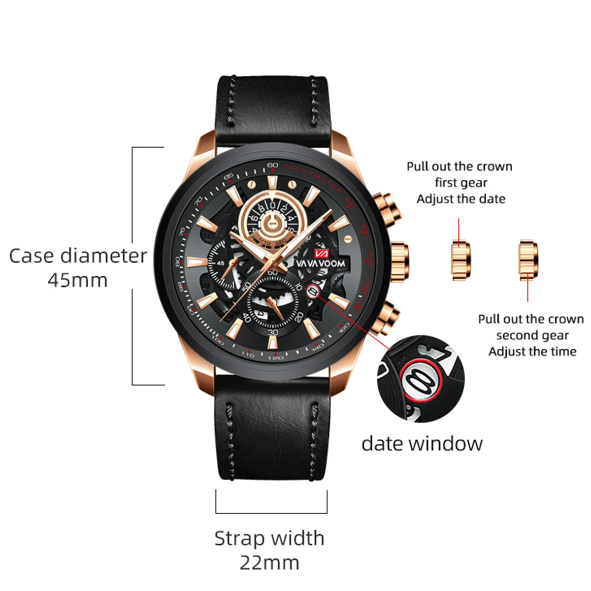 Brand Men Leather Watch Fashion Industrial Gear Clock 45mm Gold Quartz Movement Waterproof Man Military Sports Watch_voghion.com