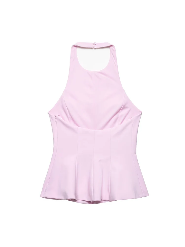 TFMLN Women Pink Halter Tank Tops Sexy Backless Sleeveless Female Chic Tops 2025 Summer New Women Side Zipper Fashion Top