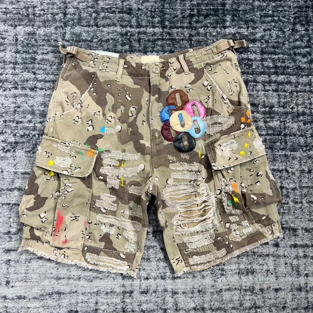 Summer Fashion Camouflage Splicing Leather Letter Washed Retro Knee Jeans Men Women Shorts 2