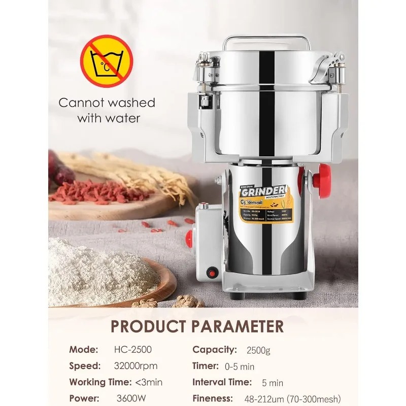 CGOLDENWALL 2500g Electric Grain Grinder Mill Safe Upgraded 3600W High-speed Spice Herb Grinder Commercial Superfine Machine Dry