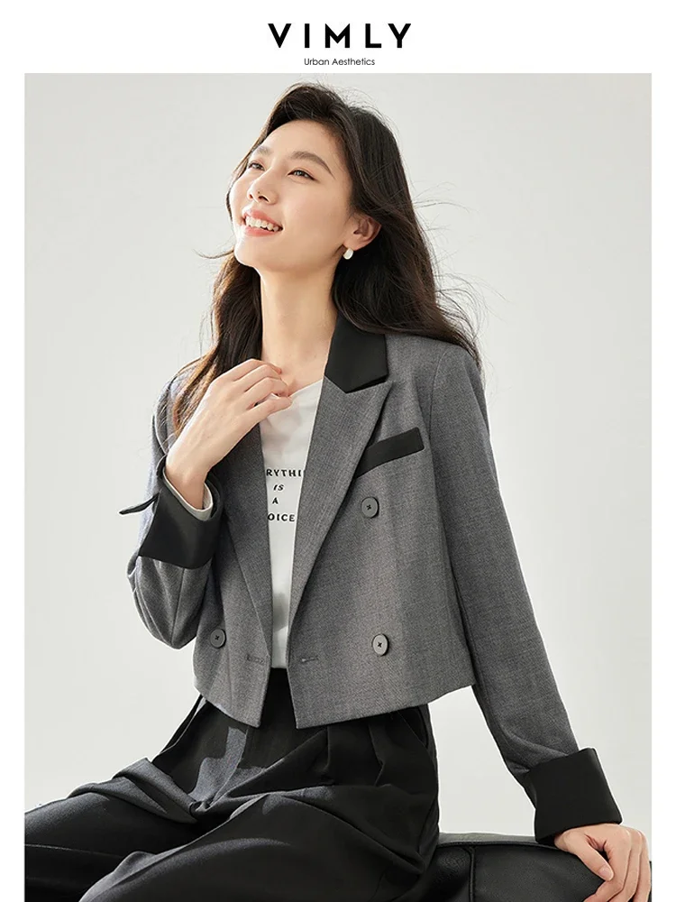Vimly Contrast Cropped Blazer Autumn Straight Loose Double Breasted Jackets Women 2023 Elegant Office Lady Female Clothing M2992
