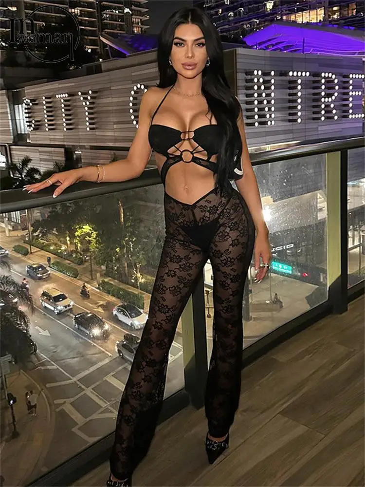 

Inwoman Black Sexy Halter Lace Jumpsuit Club Night For Women 2023 Summer Strapless See Through Romper Hollow Out Backless Romper