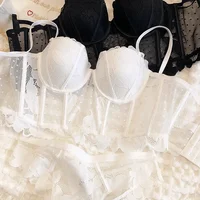 Ensemble de sous-vêtements sexy en dentelle brodée de fleurs pour femmes, sous-vêtements moulants, soutien-gorge push-up en maille noire, lingerie respirante à pois, 2 pièces 6