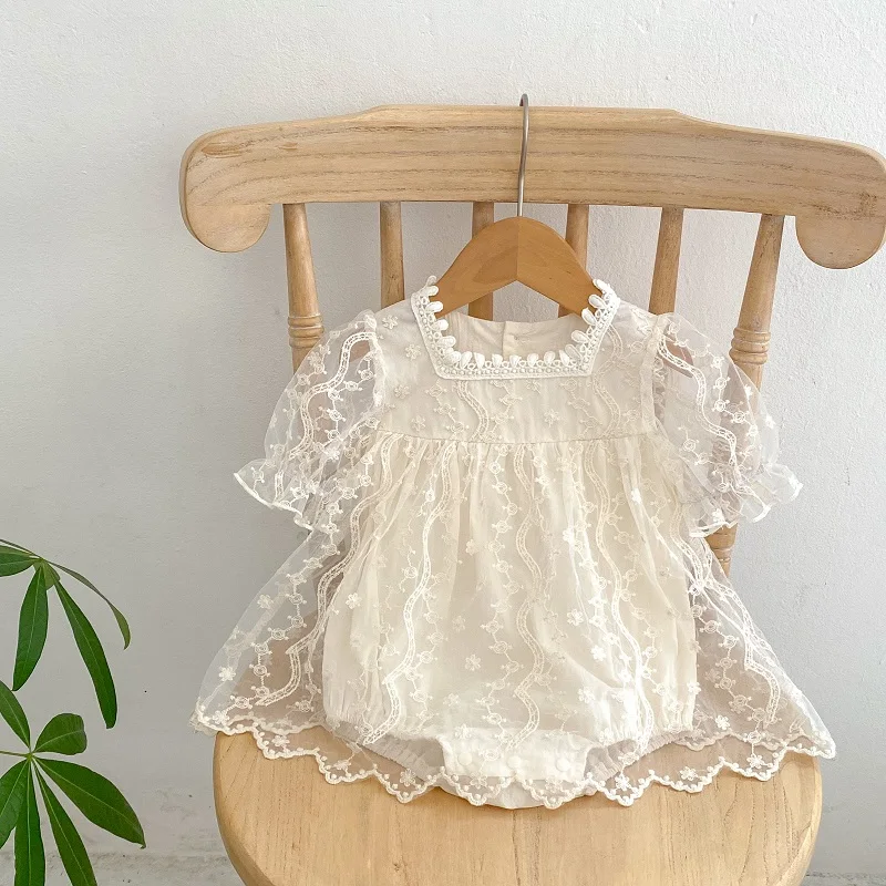 

Princess Girl Dress Romper 0-24Months Newborn Baby Short Sleeve Solid Embroidery Flower Lace Skirted Bodysuit Summer Clothes